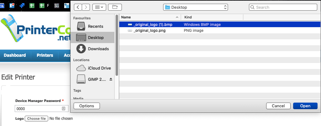 PrinterCo upload bmp logo